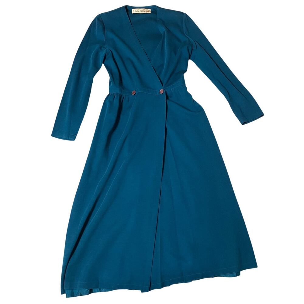 VTG Adele Simpson Bonwit Teller Blue Sexy V Neck Long Sleeve Retro Midi Dress Sm